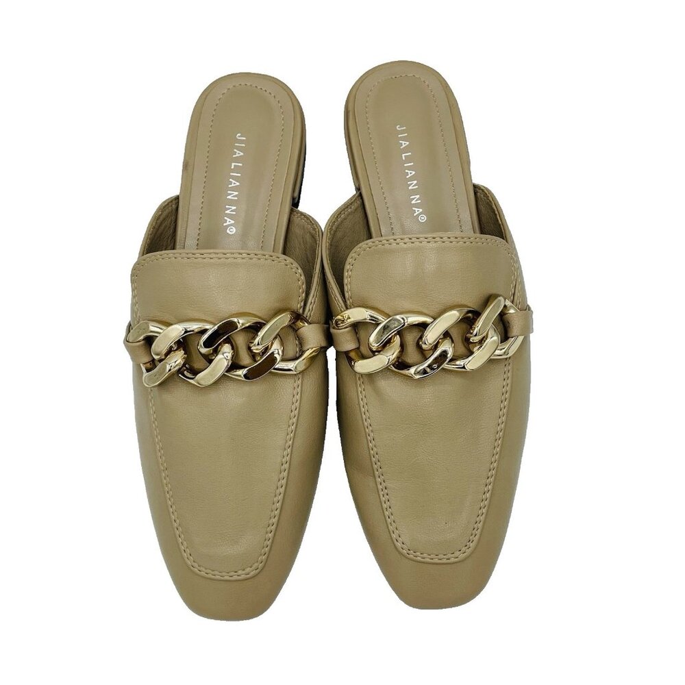 JiaLianNa Shoes Womens Size 7.5 Beige Brown Comfort Mules Heels Gold Chain Slip